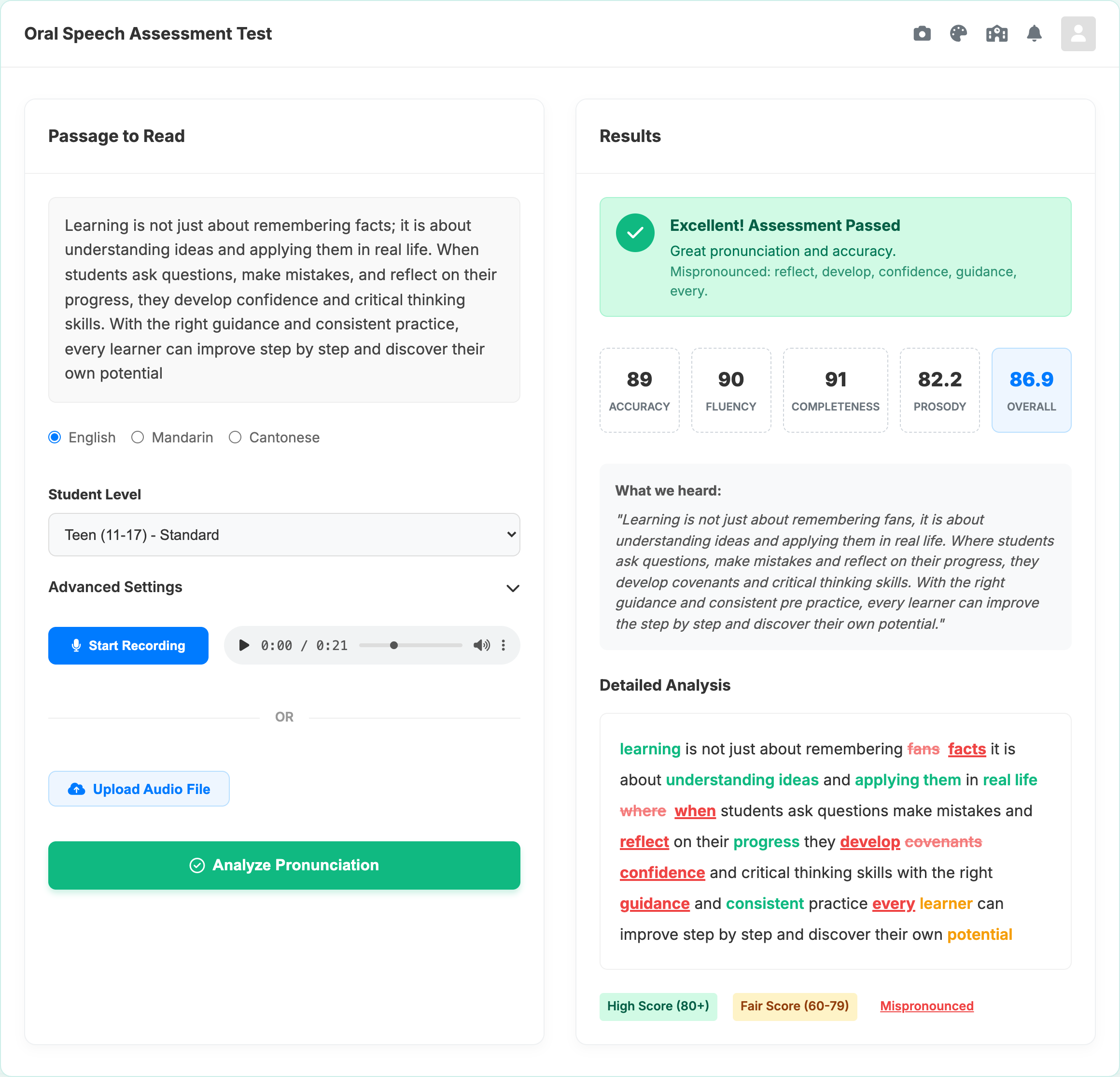 Oral Speech Assessment Interface Demo